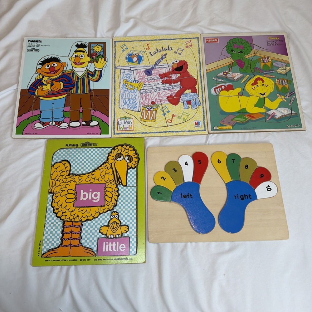 Vintage Wooden Playskool Puzzles - Lot of 5 Barney Sesame Street Made In USA